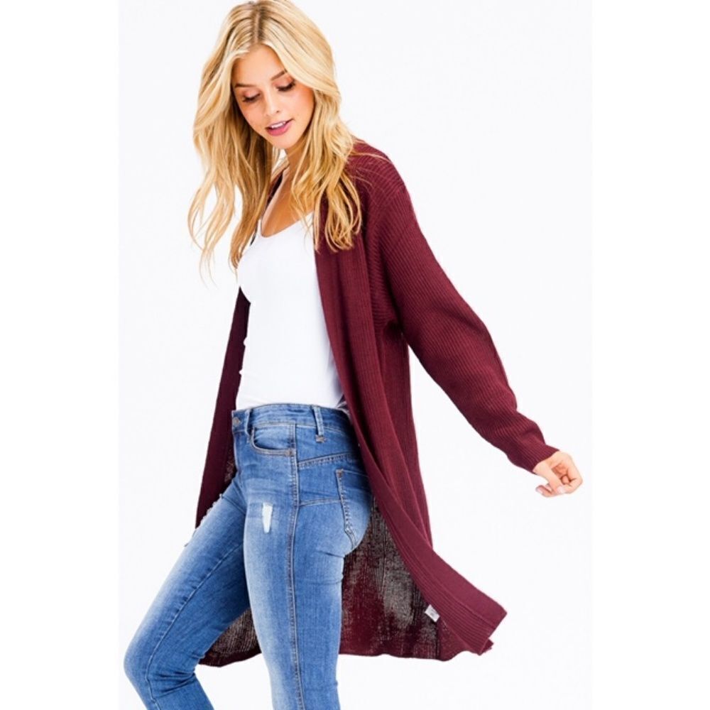 Burgundy Ribbed Open Front Duster Cardigan- Small - Picture 4 of 6